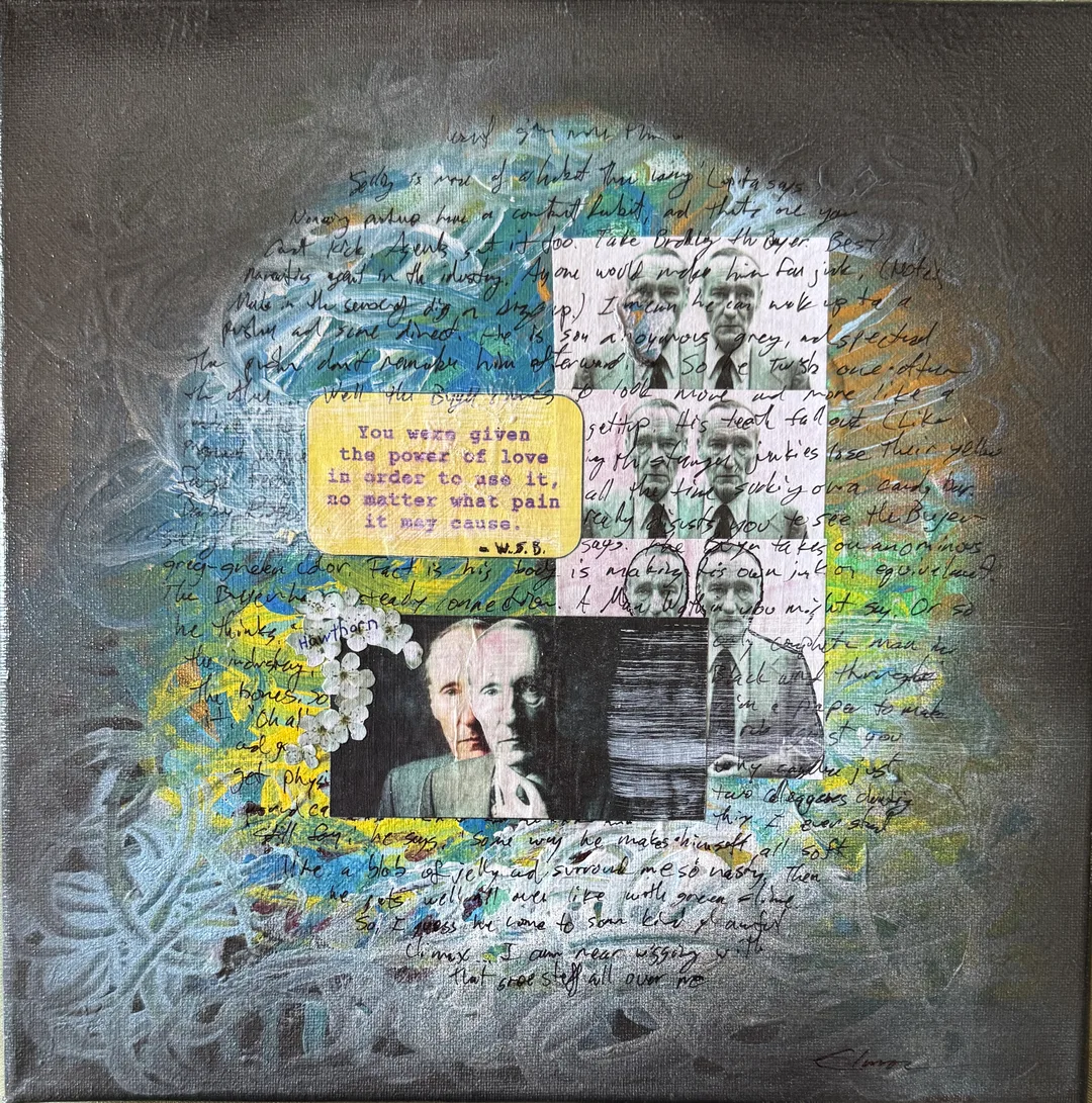 Scriveners: William S. Burroughs, Mixed Media Assemblage on Canvas, 12x12