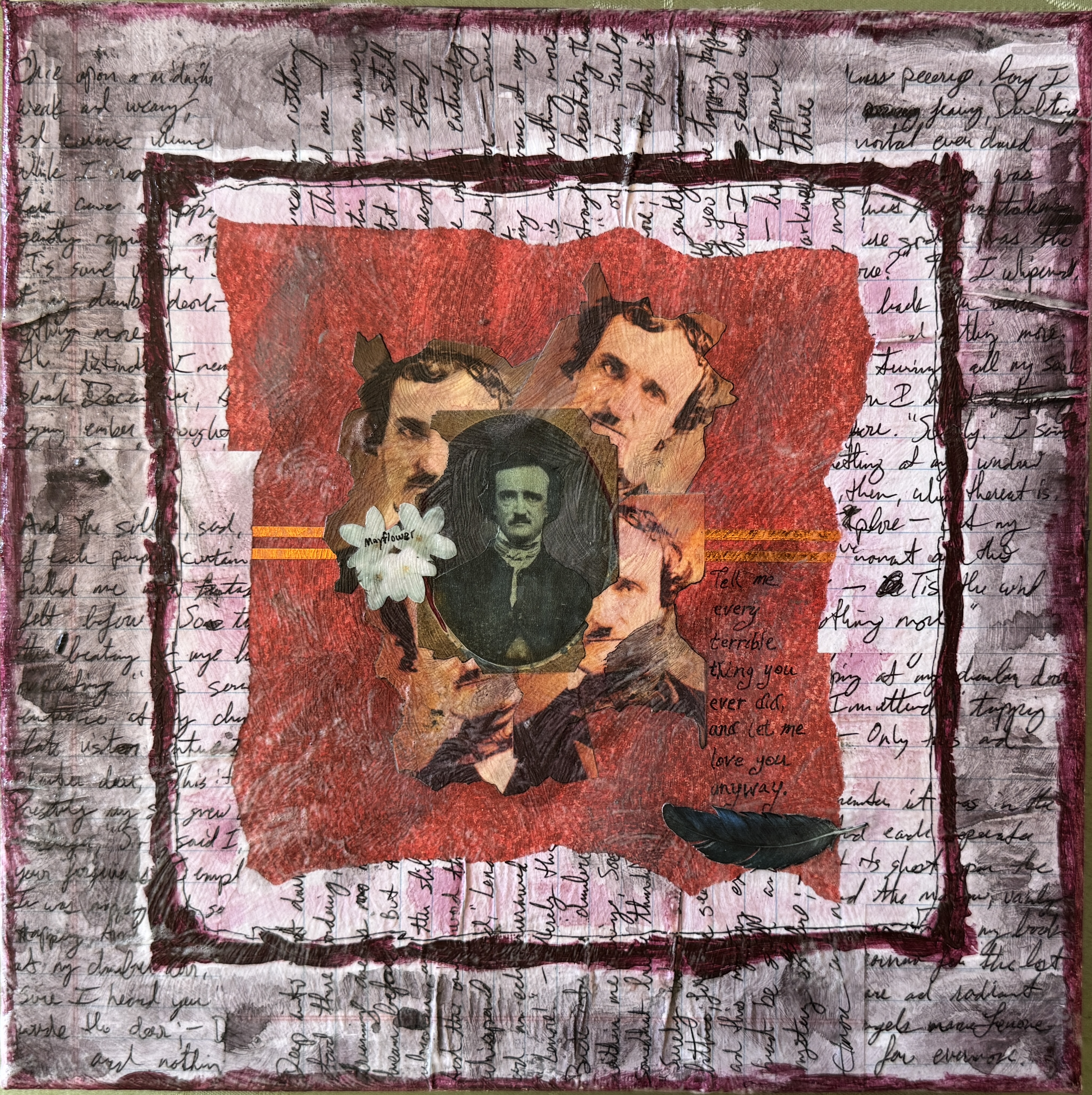 Scriveners: Edgar Allan Poe, Mixed Media Assemblage on Canvas, 12x12